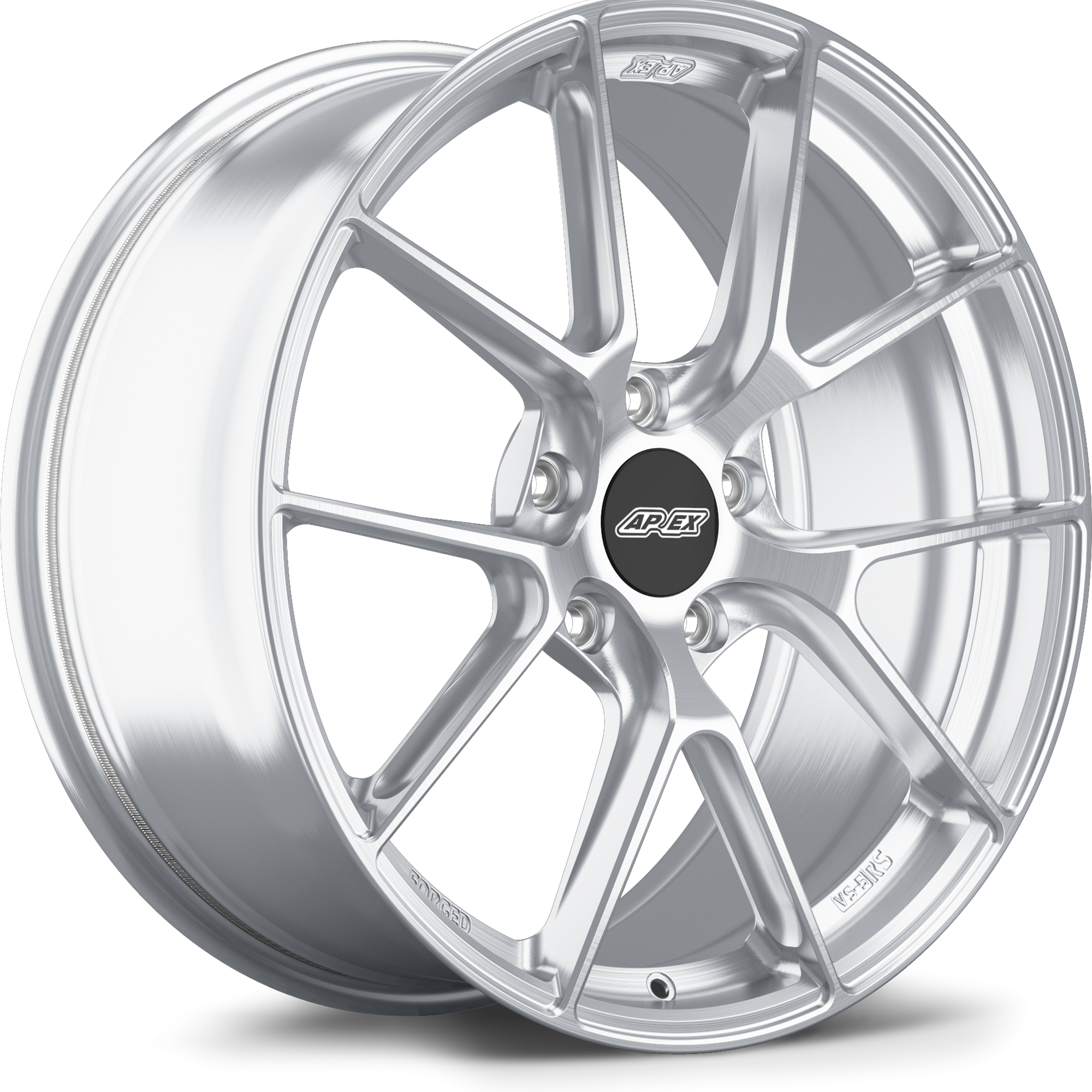 Silver alloy wheel with ten-spoke design and black center cap showing five lug bolt pattern - APEX Wheels wheel for 20x9 ET36 5x120 - Brushed Clear