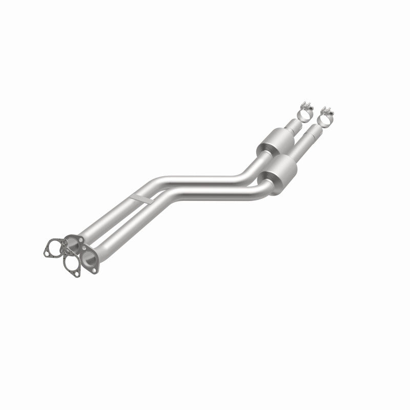 MagnaFlow 5571725 carb direct-fit catalytic converter, opposite front three-quarter view of the turntable spin