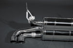 Side view of Capristo Ferrari 348 valved exhaust with black-tipped round outlets and bracket