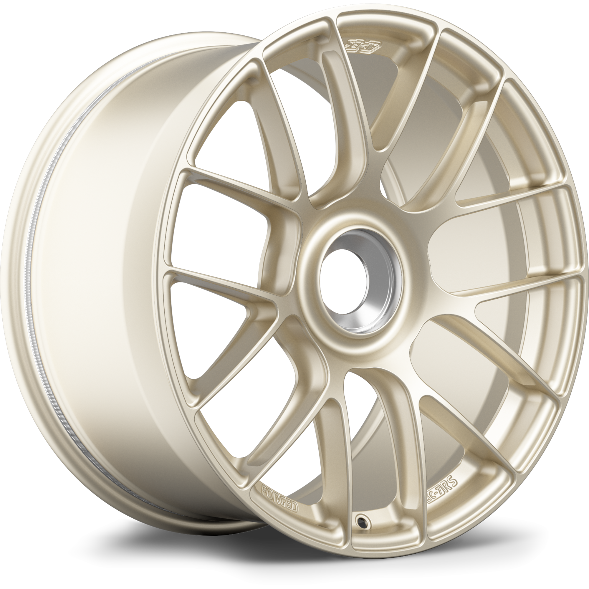 Matte gold forged wheel with curved Y-spoke design and center hub, positioned at three-quarter angle on white background - APEX Wheels wheel for 19x11 ET48 PSCL - Motorsport Gold