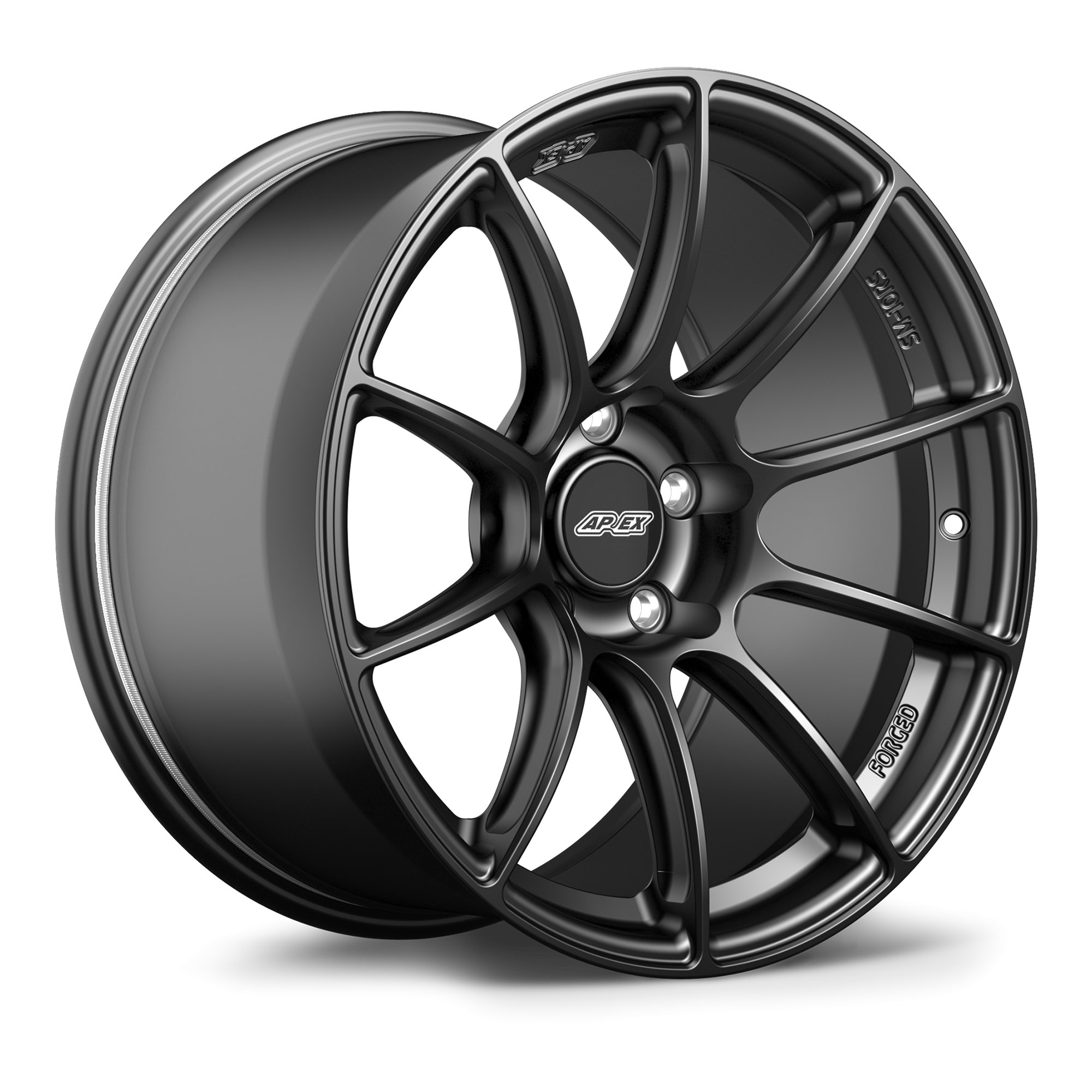 Dark gray forged wheel with ten-spoke design and center cap displaying angled three-quarter view - APEX Wheels wheel for 18x9 ET23 5x114.3 - Satin Black