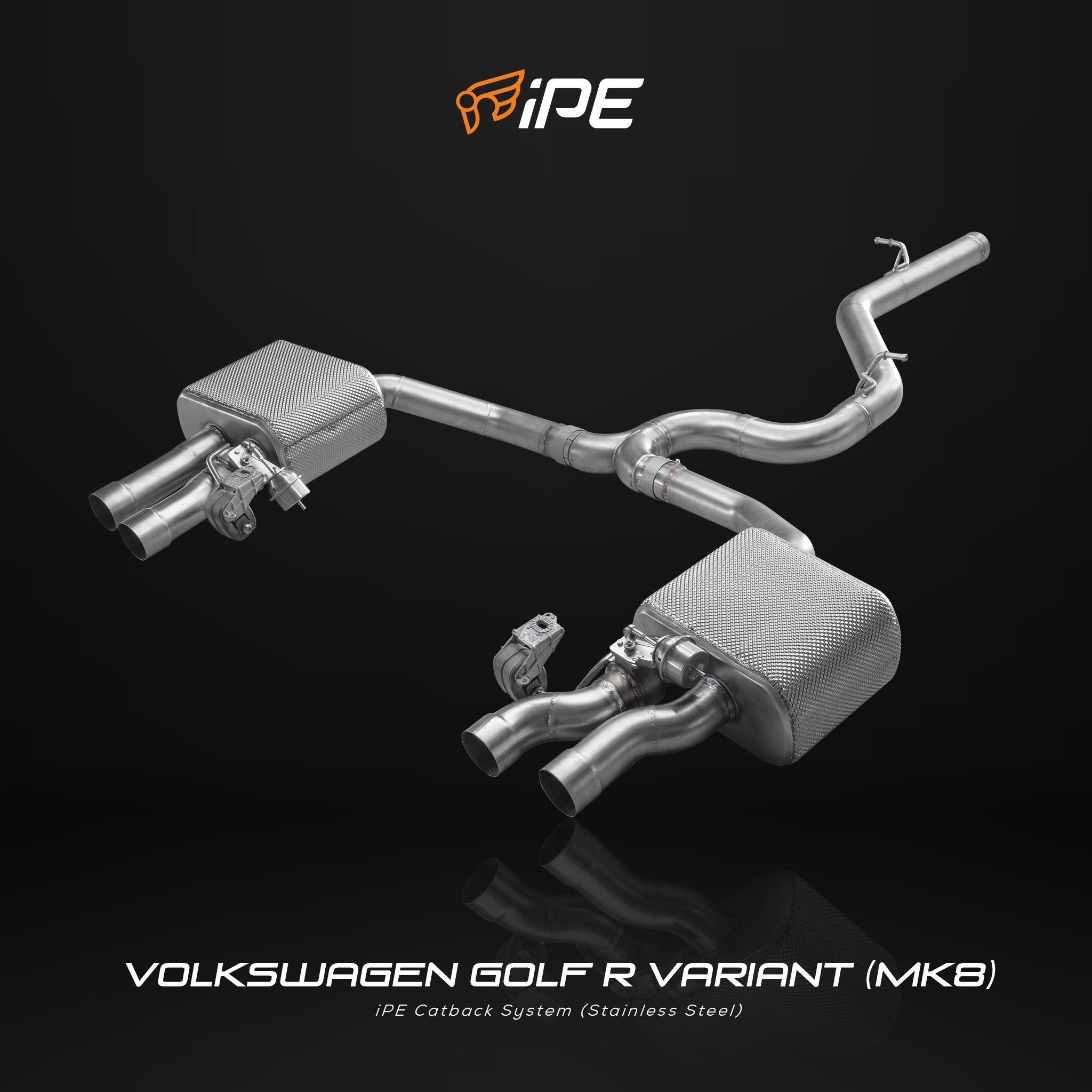 IPE cat-back exhaust for the Volkswagen Golf R Variant Mk8 with rectangular muffler and quad tips