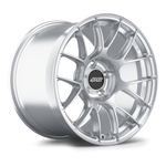 Silver alloy wheel with multi-spoke design and black center cap on white background - APEX Wheels wheel for 18x11 ET38 5x120.65 - Brushed Clear