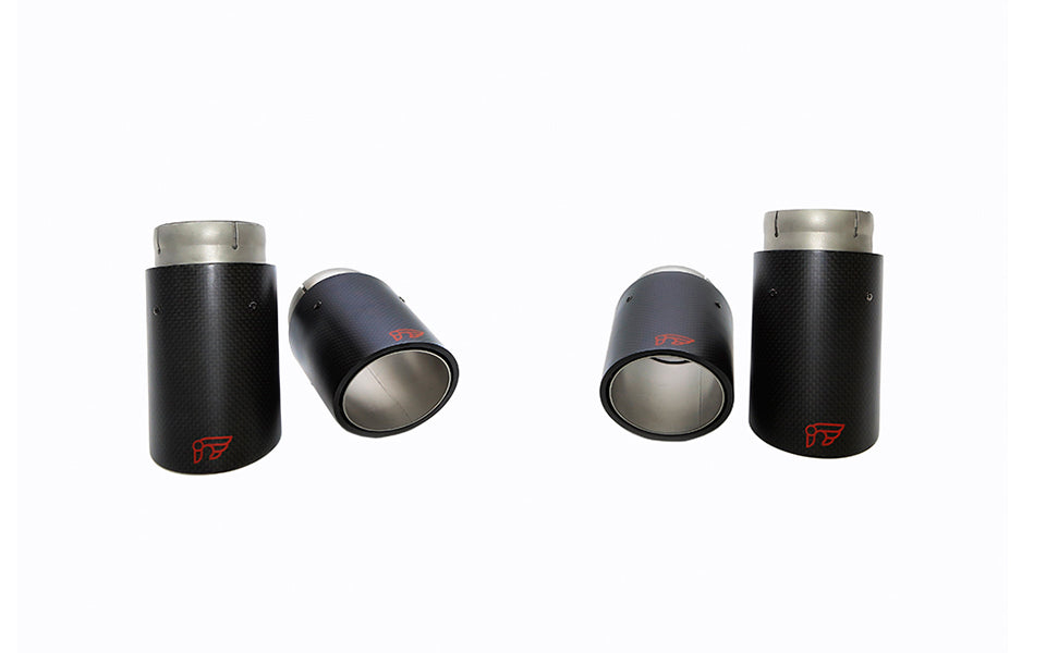 A front view of the carbon fiber tips of the IPE SS Cat-Back Exhaust System for 540i / 540Li (G30/G31 - B58) 2016-2024 with white background