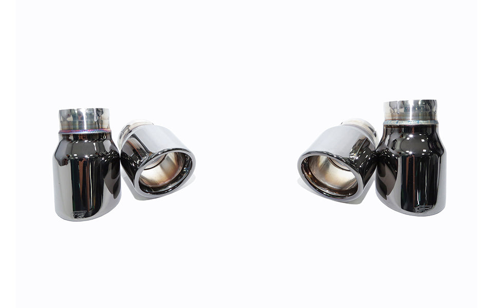 A front view of the chrome black tips of the IPE SS Cat-Back Exhaust System for 540i / 540Li (G30/G31 - B58) 2016-2024 with white background