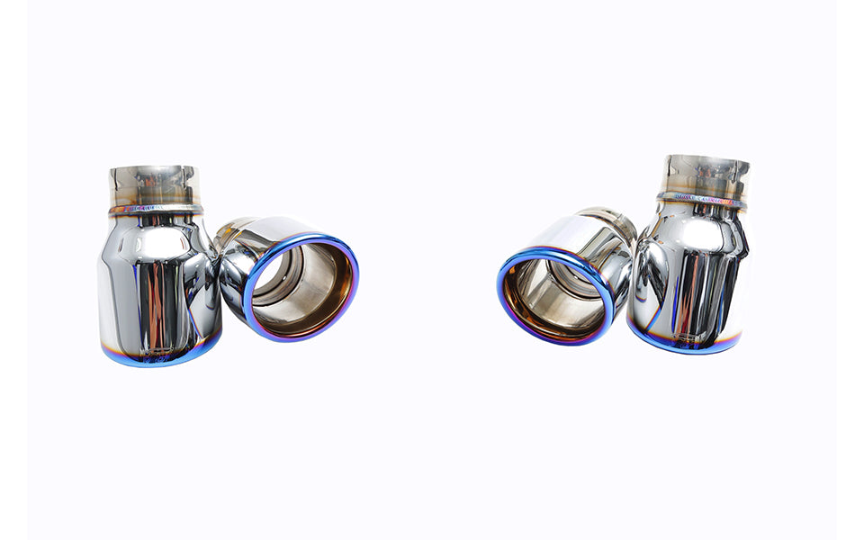 A front view of the titanium blue tips of the IPE SS Cat-Back Exhaust System for 540i / 540Li (G30/G31 - B58) 2016-2024 with white background