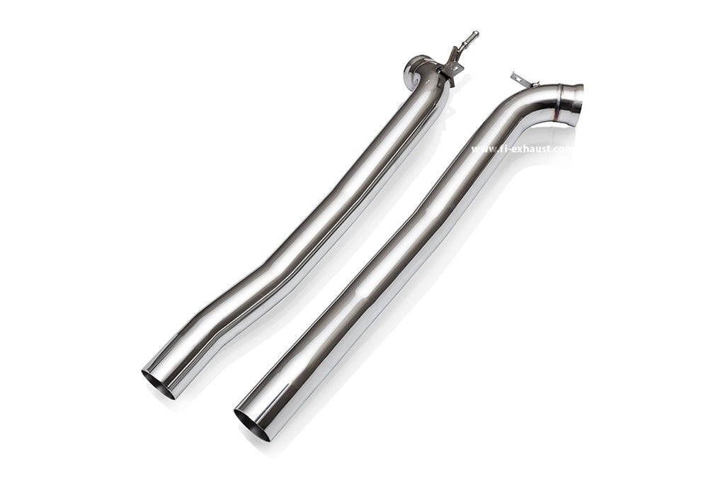 A top view of Fi EXHAUST Valvetronic Cat-Back System for Porsche 971 Panamera Turbo / GTS 2017+ downpipe with white background