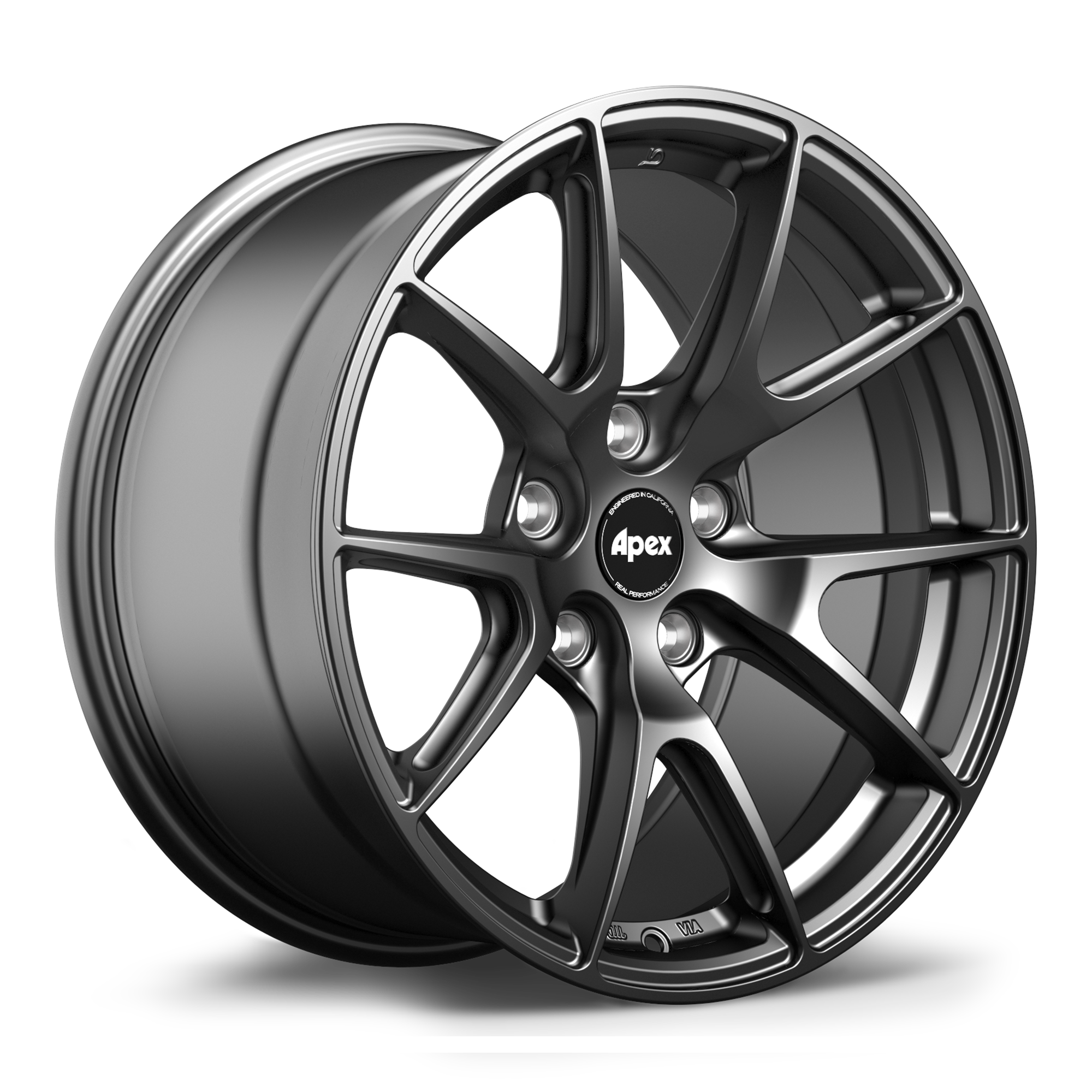 Gunmetal gray alloy wheel with five-spoke design and black center cap featuring white logo, shown at angle - APEX Wheels wheel for 17x9 ET42 5x120 - Satin Black