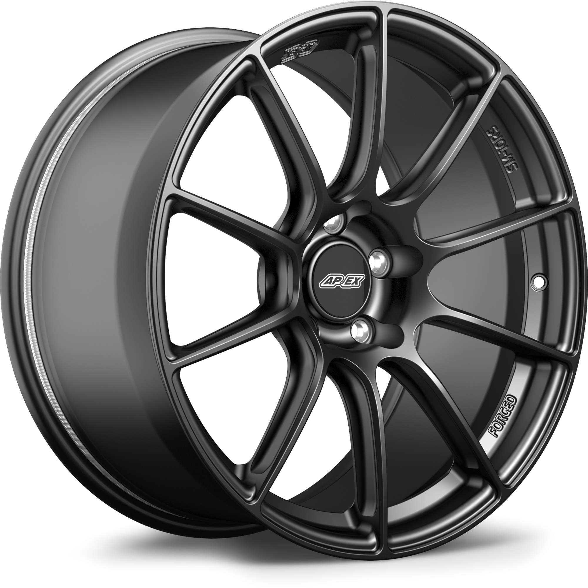 Dark gunmetal forged wheel with split-spoke design and five-bolt pattern on white background - APEX Wheels wheel for 19x9.5 ET28 5x120 - Satin Black