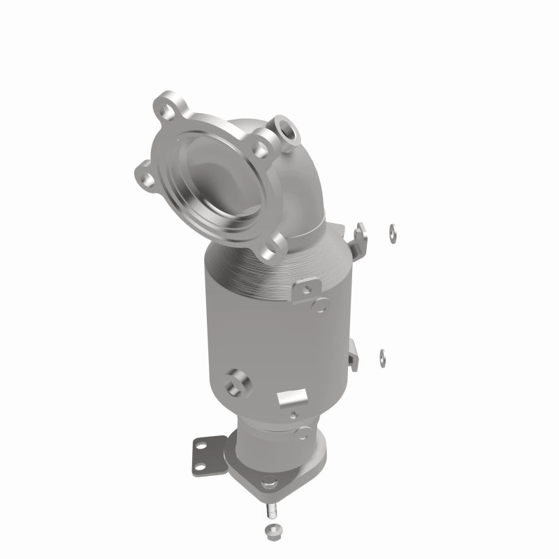 MagnaFlow 21-420 oem grade direct-fit catalytic converter, opposite front three-quarter view of the turntable spin