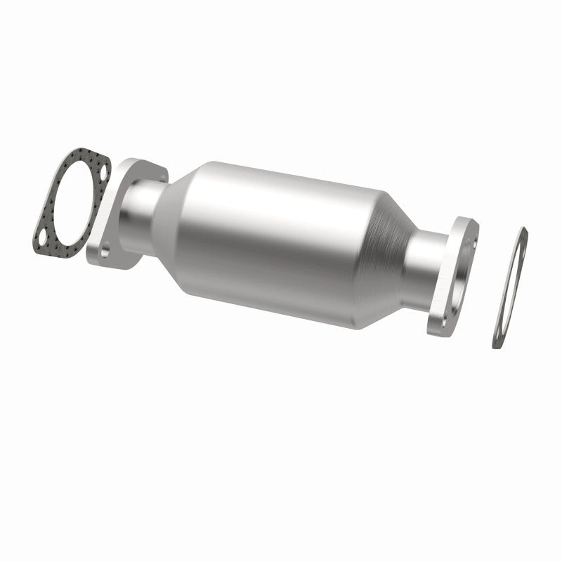 MagnaFlow 5421708 carb direct-fit catalytic converter, opposite rear three-quarter view of the turntable spin