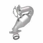 MagnaFlow 5582519 carb direct-fit catalytic converter, rear three-quarter view of the turntable spin