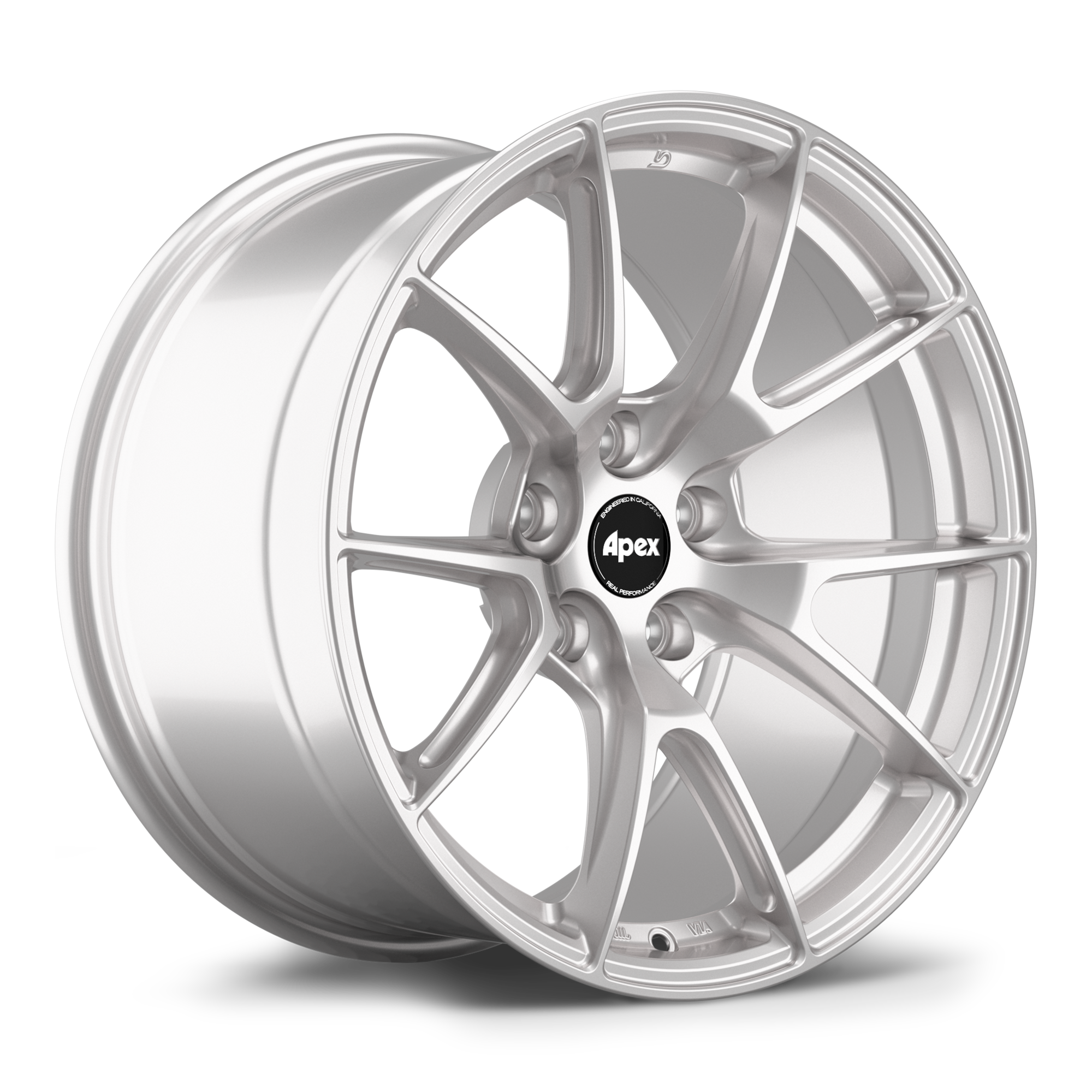 Silver alloy wheel with ten-spoke design and black center cap on white background - APEX Wheels wheel for 18x10.5 ET22 5x114.3 - Race Silver
