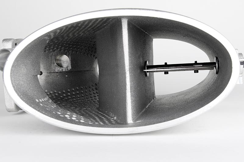 Looking into the direct-injection plenum oval inlet, center divider and resonance flap shaft visible - IPD for Porsche 987.2 Boxster
