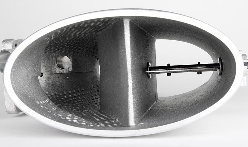 Inside the direct-injection plenum: dimpled walls, center divider and factory resonance flap shaft - IPD for Porsche 997.2 Carrera
