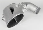 Direct-injection IPD plenum with cast throttle body elbow attached, showing oval inlet and internal divider - IPD for Porsche 987.2 Boxster