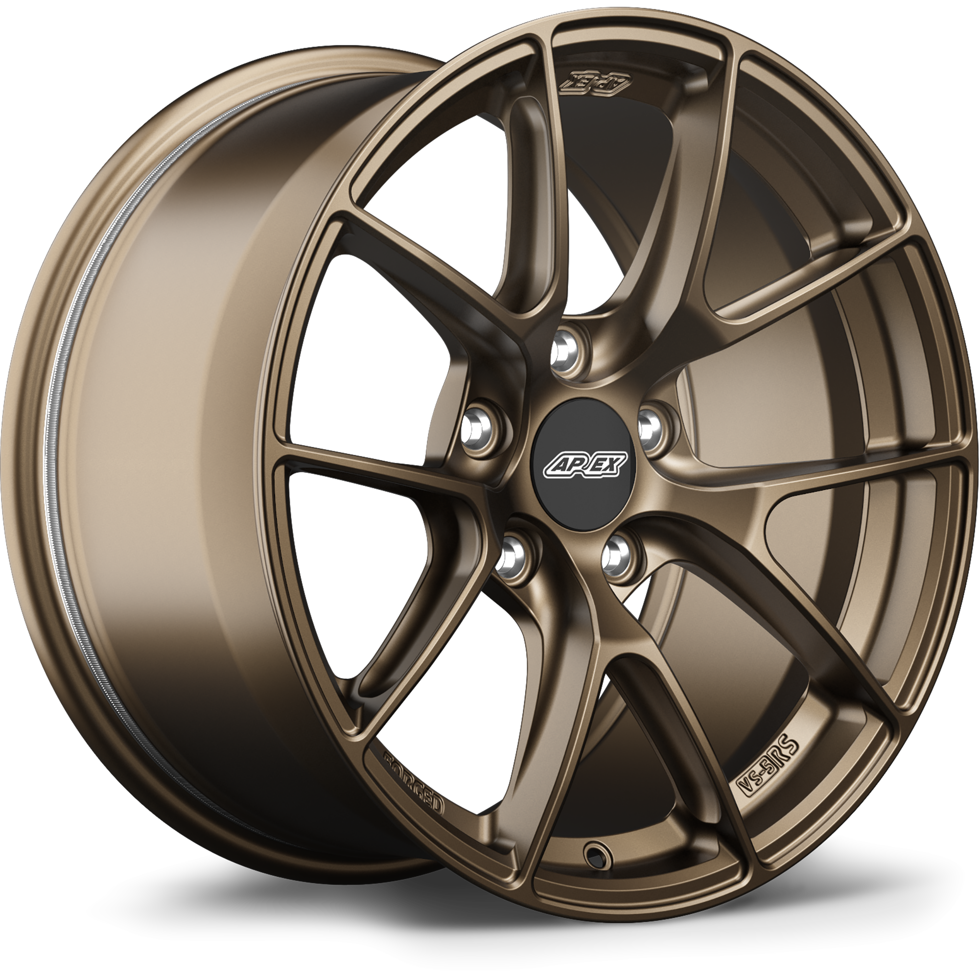Bronze alloy wheel with five double-spoke design, center cap, and five lug bolt pattern - APEX Wheels wheel for 17x9 ET35 5x100 - Satin Bronze