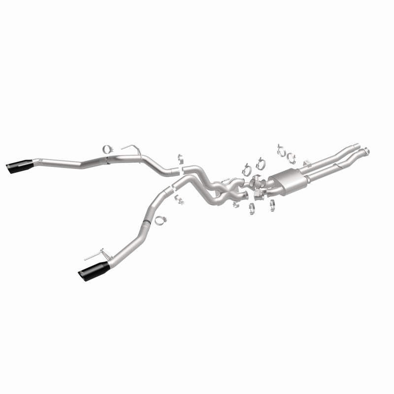 MagnaFlow 19637 competition series cat-back exhaust, front three-quarter view of the turntable spin