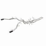 MagnaFlow 19637 competition series cat-back exhaust, front three-quarter view of the turntable spin