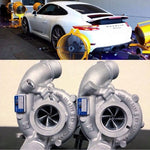A picture divided into two parts showing a white Porsche on the upper part and the Pure Turbos Porsche 991.2 3.0L PURE Turbo Upgrade in the bottom part