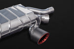 Close-up of Capristo carbon tip with red inner sleeve on 991.2 Carrera muffler