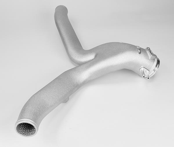 IPD 991 Turbo Y-pipe three-quarter view showing the long charge arms and dimpled inlet - IPD for Porsche 991.2 GT2 RS
