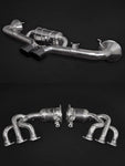 Wide centre and front view of Capristo Set: 250 Cell Headers + Valved Exhaust with Carbon Tips (OE Actuators) for Porsche 992 GT3/RS 2021+ with black background