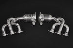 close view of Capristo 250 Cell Headers (Cat/OPF Replacement) for OE Muffler for Porsche 992 GT3/RS 2021+ with black background