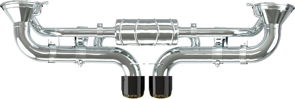 Rear render of Capristo 992 GT3 valved exhaust with black tips