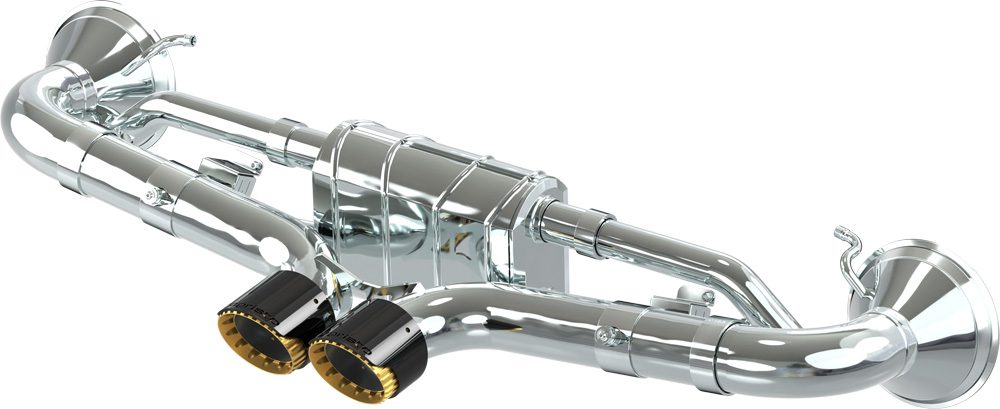 Render of Capristo 992 GT3 valved exhaust with gold-insert tips