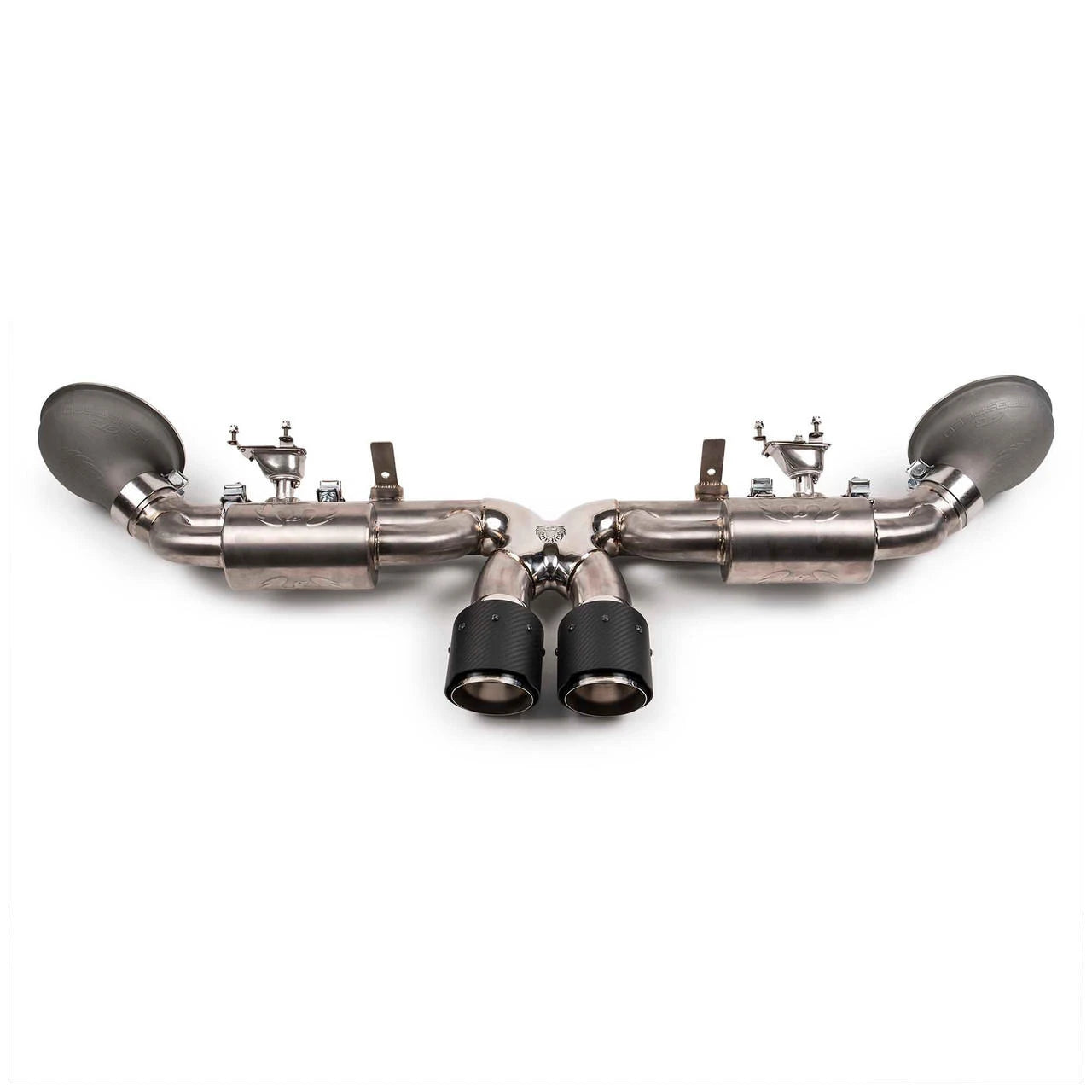 Fabspeed 992 GT3 titanium valved exhaust, front view