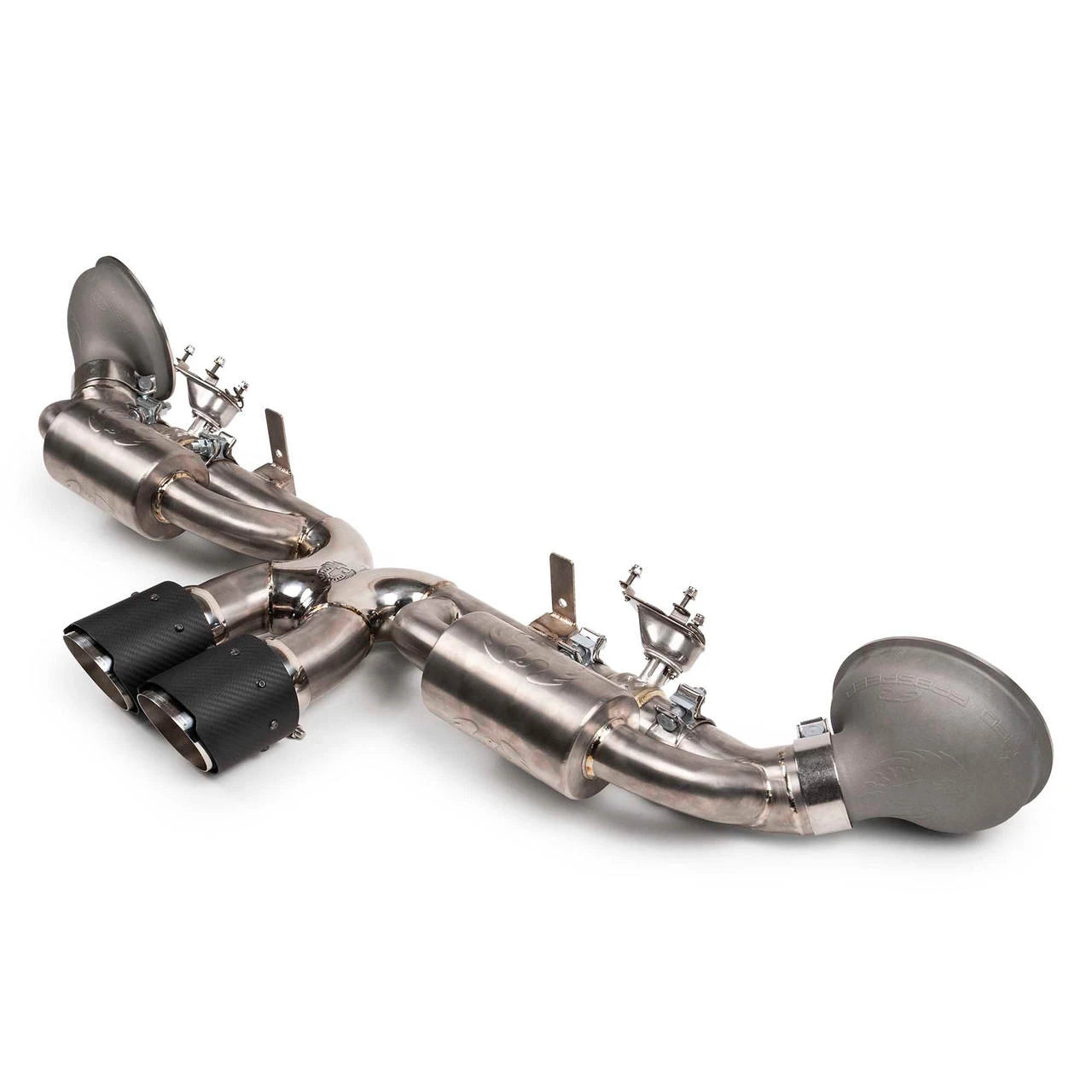 Fabspeed 992 GT3 titanium valved exhaust, side angle with black tips