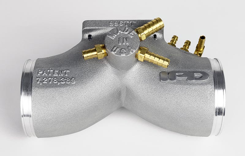 996 Turbo IPD Y plenum top view with Made in USA vacuum boss and brass barbs - IPD for Porsche 996 Turbo