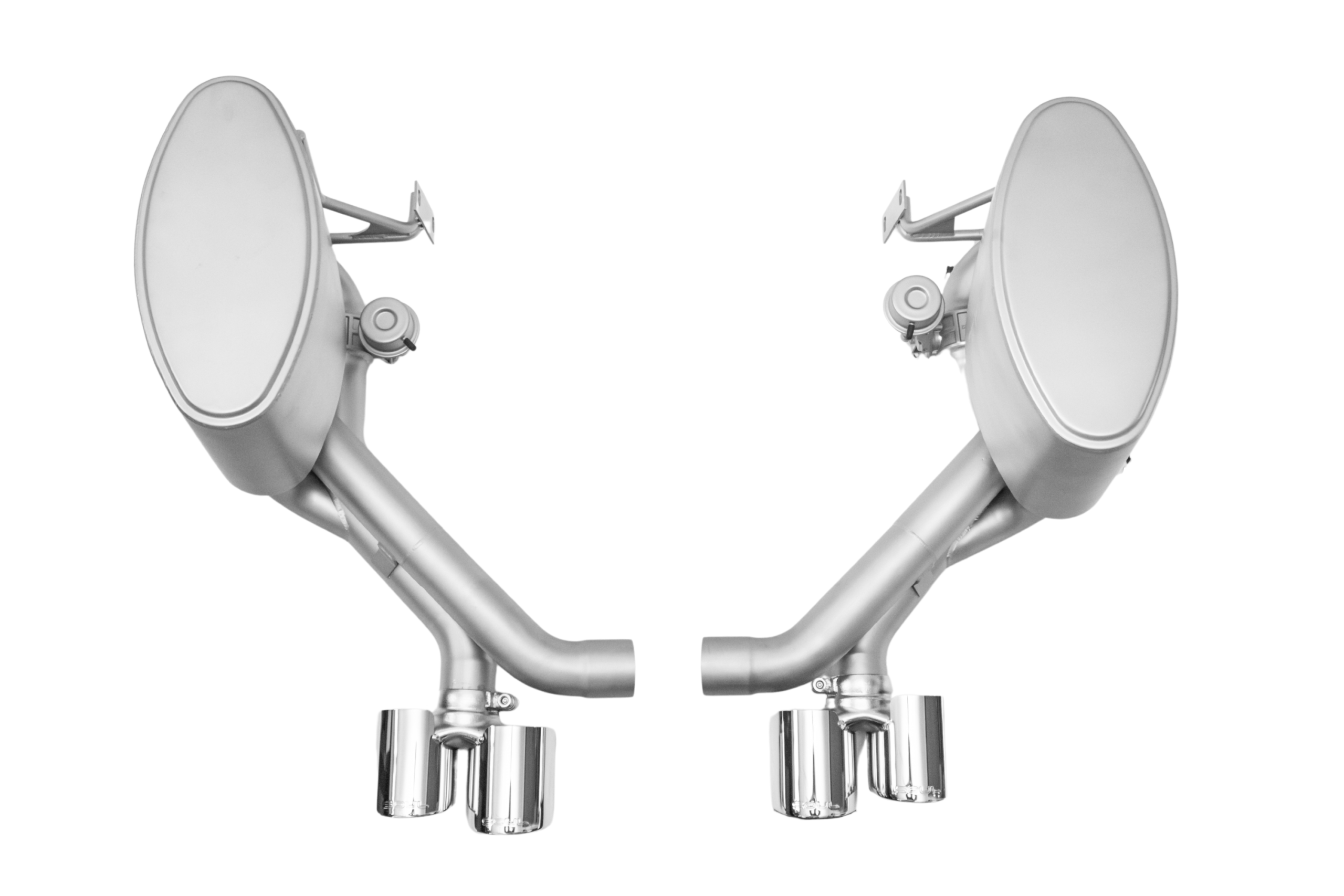 Soul 997.2 Carrera valved side mufflers: valved side mufflers with bright quad tips, angled view