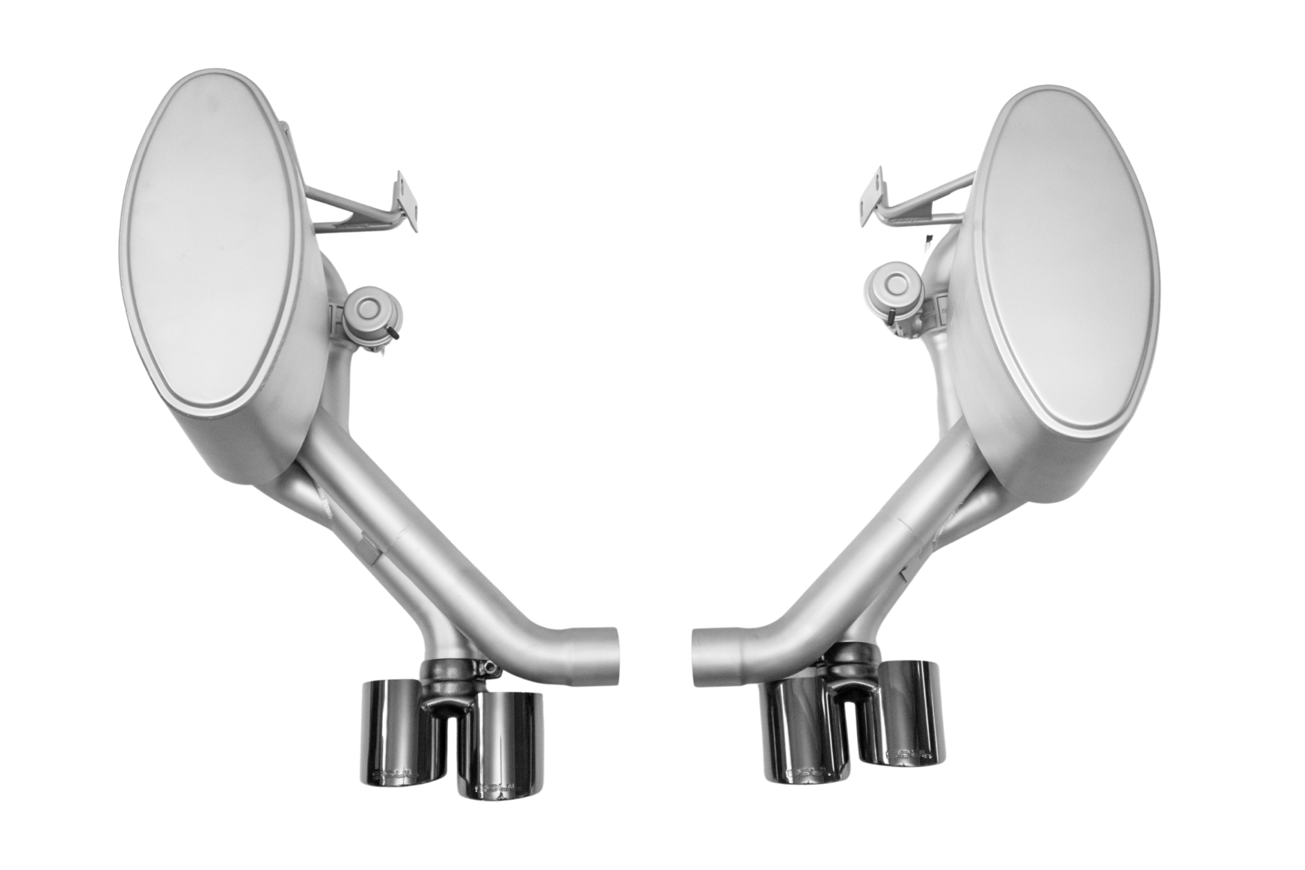 Soul 997.2 Carrera valved side mufflers: valved side mufflers with bright quad tips, front view