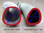 Cut runner comparison: IPD turbo Y-pipe 56.4mm bore vs factory 48.7mm - IPD for Porsche 997.1 Turbo