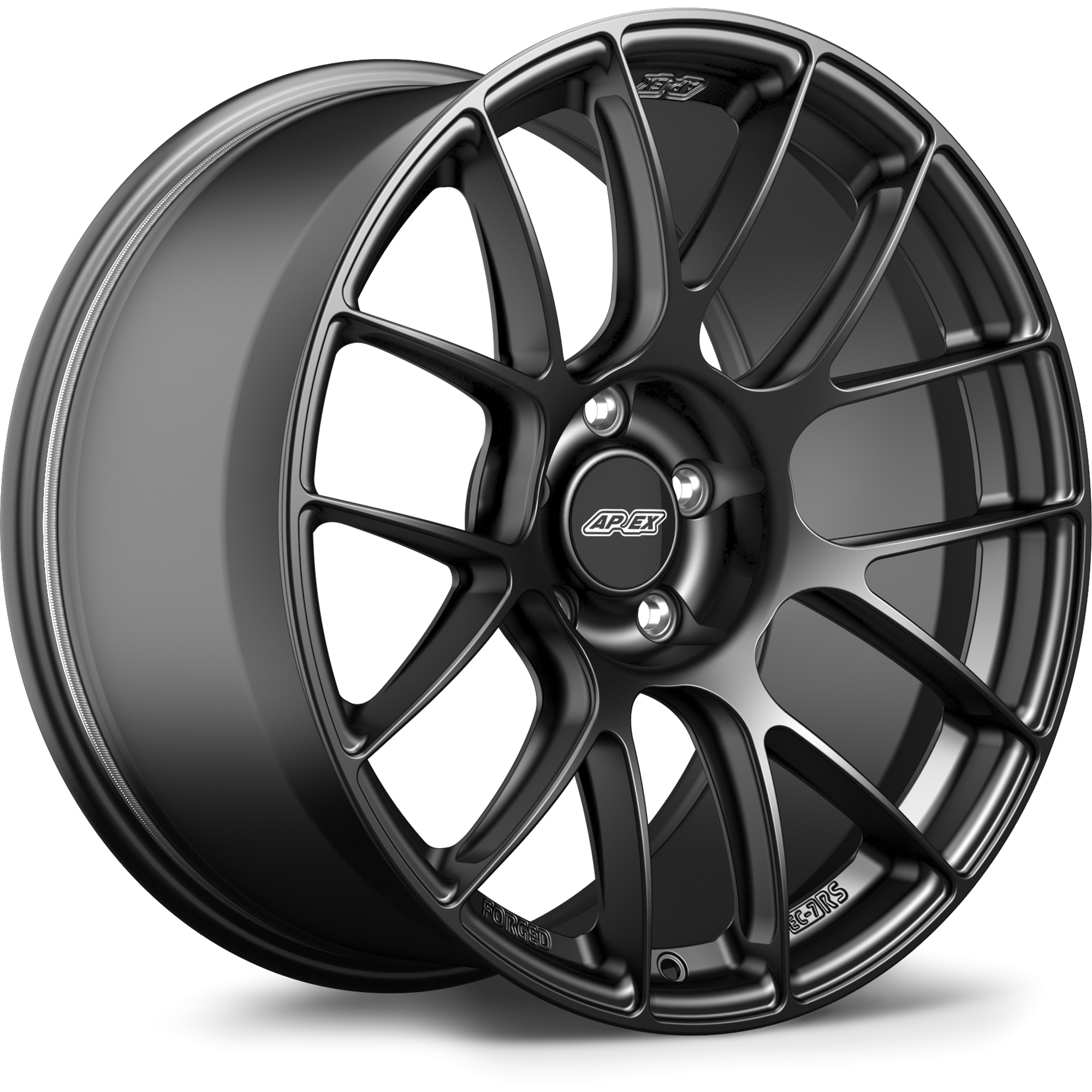 Dark gunmetal finished alloy wheel with multi-spoke design and center cap on white background - APEX Wheels wheel for 19x10.5 ET45 5x120 - Satin Black
