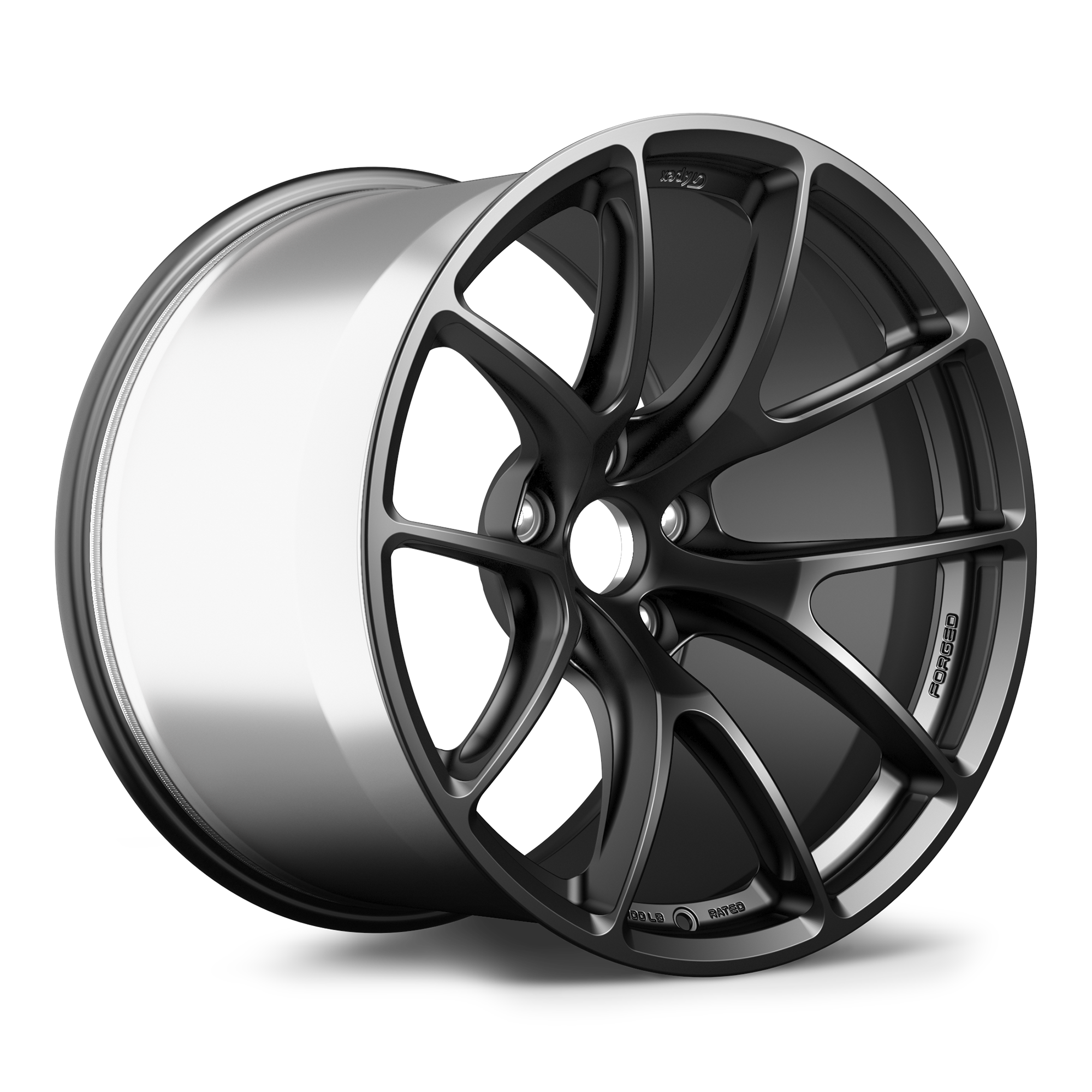 Black forged alloy wheel with curved spoke design and polished silver barrel on white background - APEX Wheels wheel for 19x12.25 ET18 5x120 - Satin Black