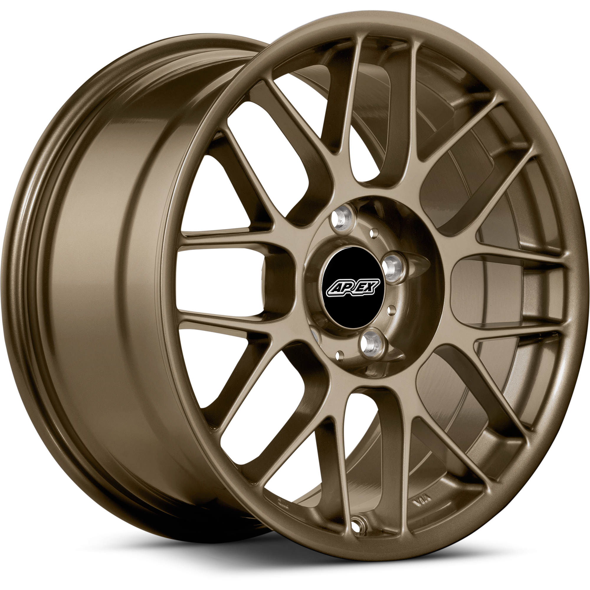 Bronze finished alloy wheel with multi-spoke design and black center cap on clean white background - APEX Wheels wheel for 17x9 ET42 5x100 - Satin Bronze