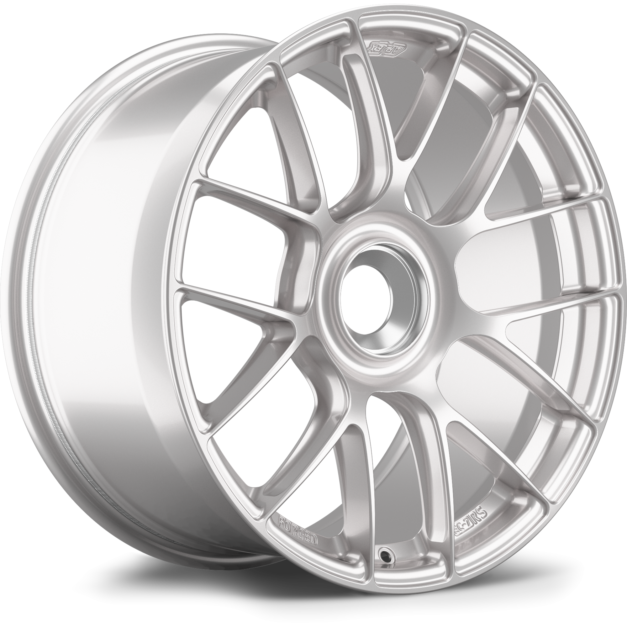Silver forged wheel with multi-spoke design and machined finish on white background - APEX Wheels wheel for 19x11 ET48 PSCL - Race Silver
