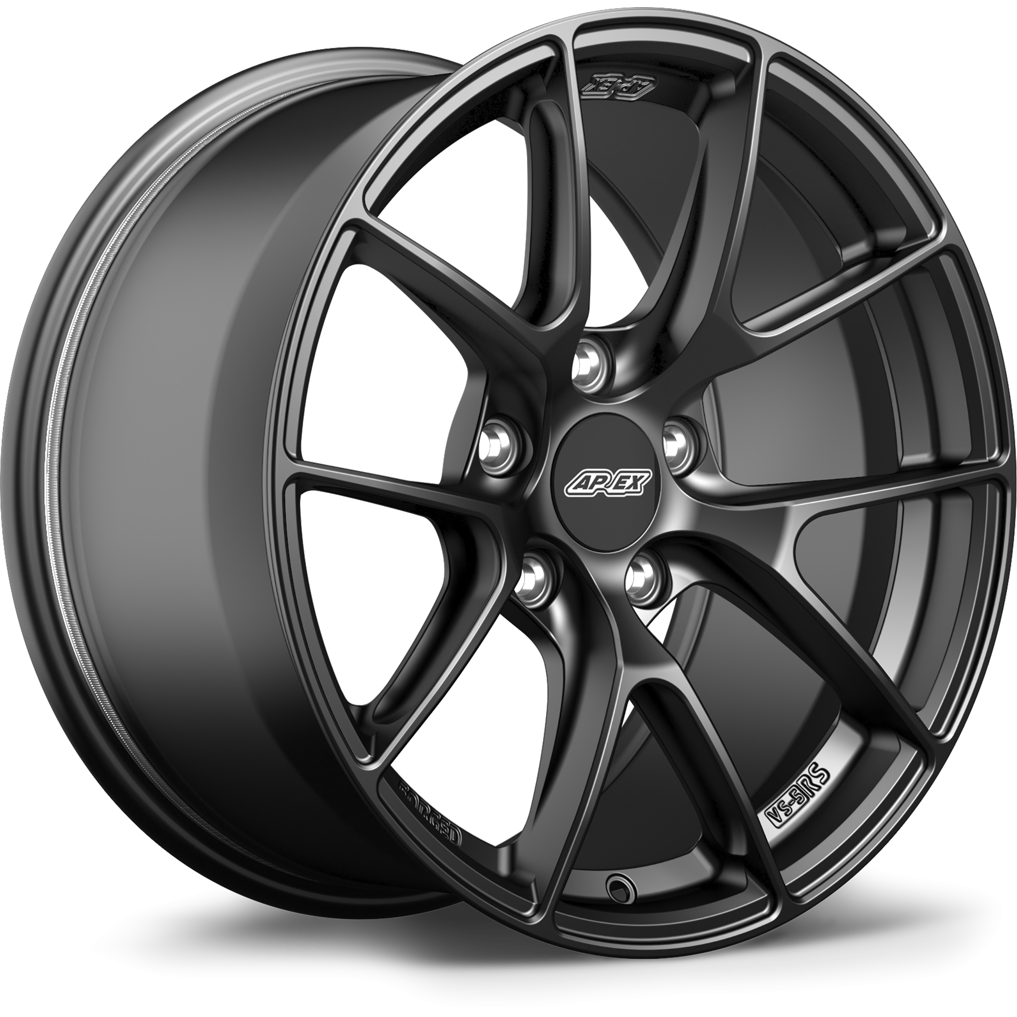 Gunmetal finished alloy wheel with five-spoke design and center cap, isolated on white background - APEX Wheels wheel for 17x10 ET48 5x114.3 - Satin Black