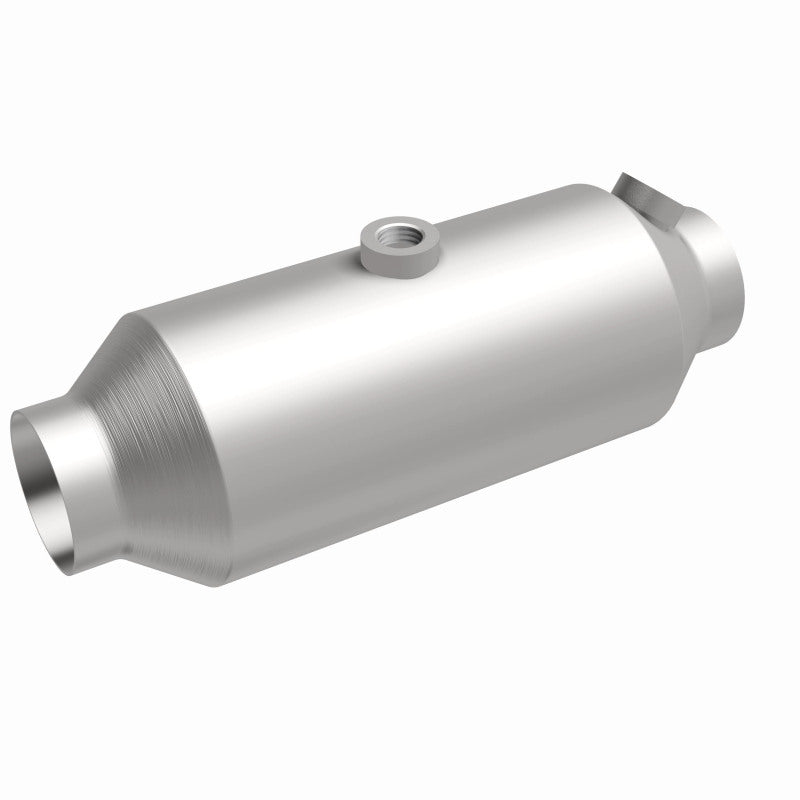 MagnaFlow 5461325 universal catalytic converter, front three-quarter view of the turntable spin