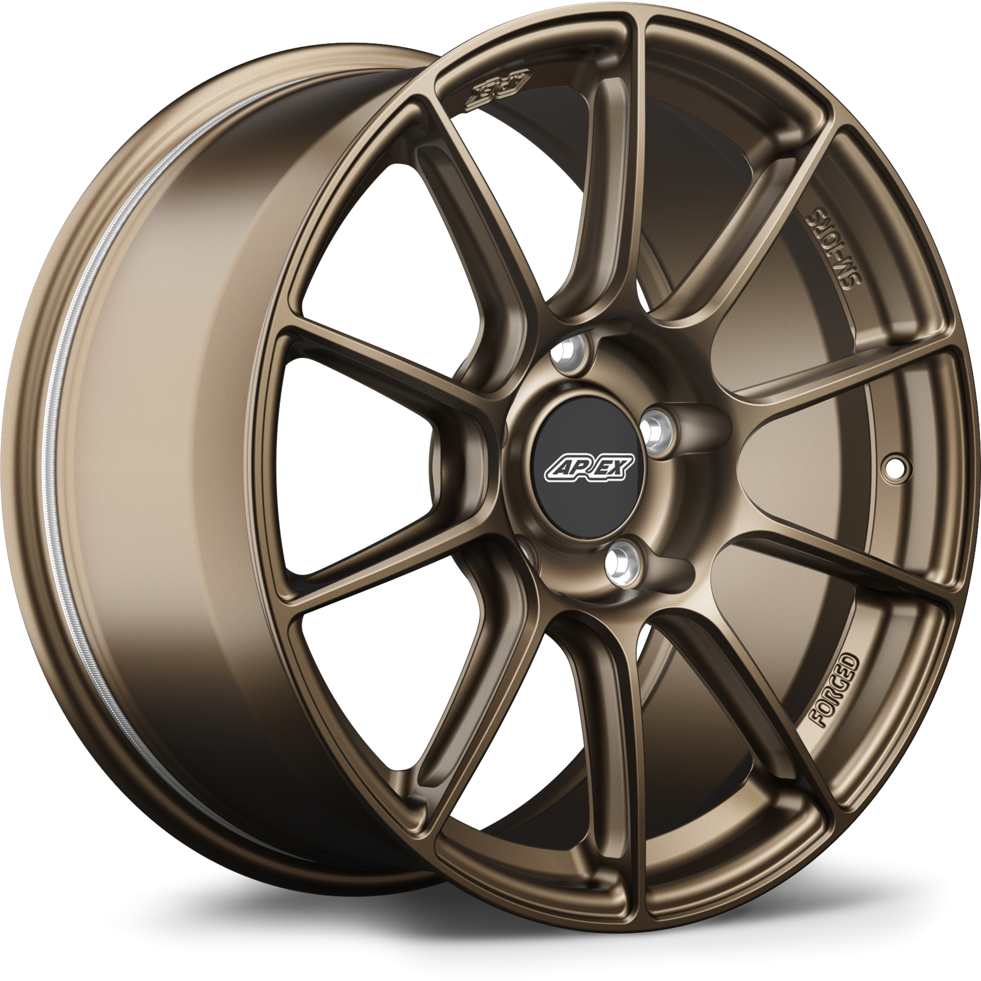 Bronze finished alloy wheel with ten-spoke design and black center cap, isolated on white background - APEX Wheels wheel for 18x9 ET46 5x130 - Satin Bronze