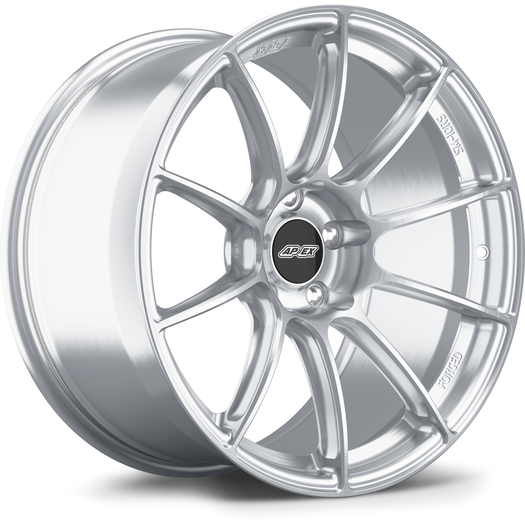 Silver alloy wheel with ten-spoke design and brushed metal finish on white background - APEX Wheels wheel for 19x10.5 ET45 5x120 - Brushed Clear