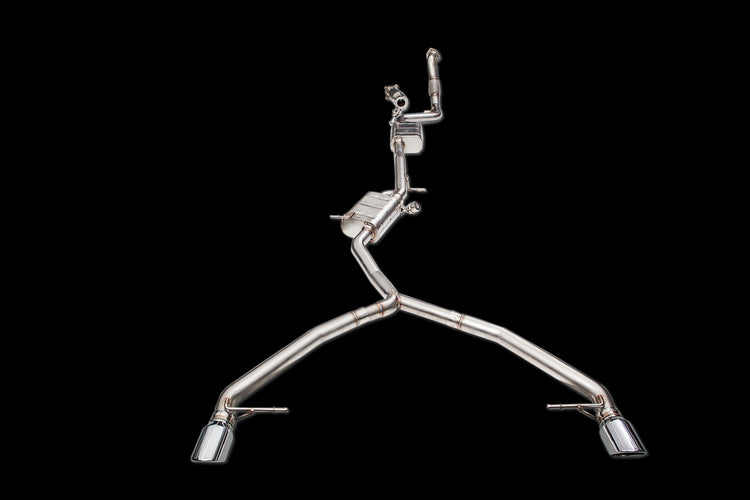 A top wide view of IPE SS Cat-Back Exhaust System with Remote Control for Audi A4 / A5 B9 2.0 TFSI Quattro 2016-2019 with chrome tips on a black background