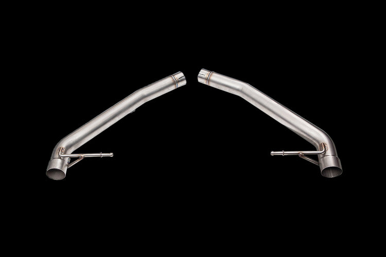 A top wide view of IPE SS Catted Downpipe for Audi A4 / A5 B9 2.0 TFSI Quattro 2016-2019 on a black background