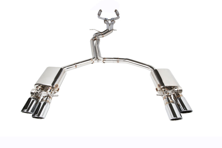 A top wide view of IPE SS Cat-Back Exhaust System with Remote Control for Audi A6 / A7 C7 3.0 TFSI Quattro 2010-2017 with white background