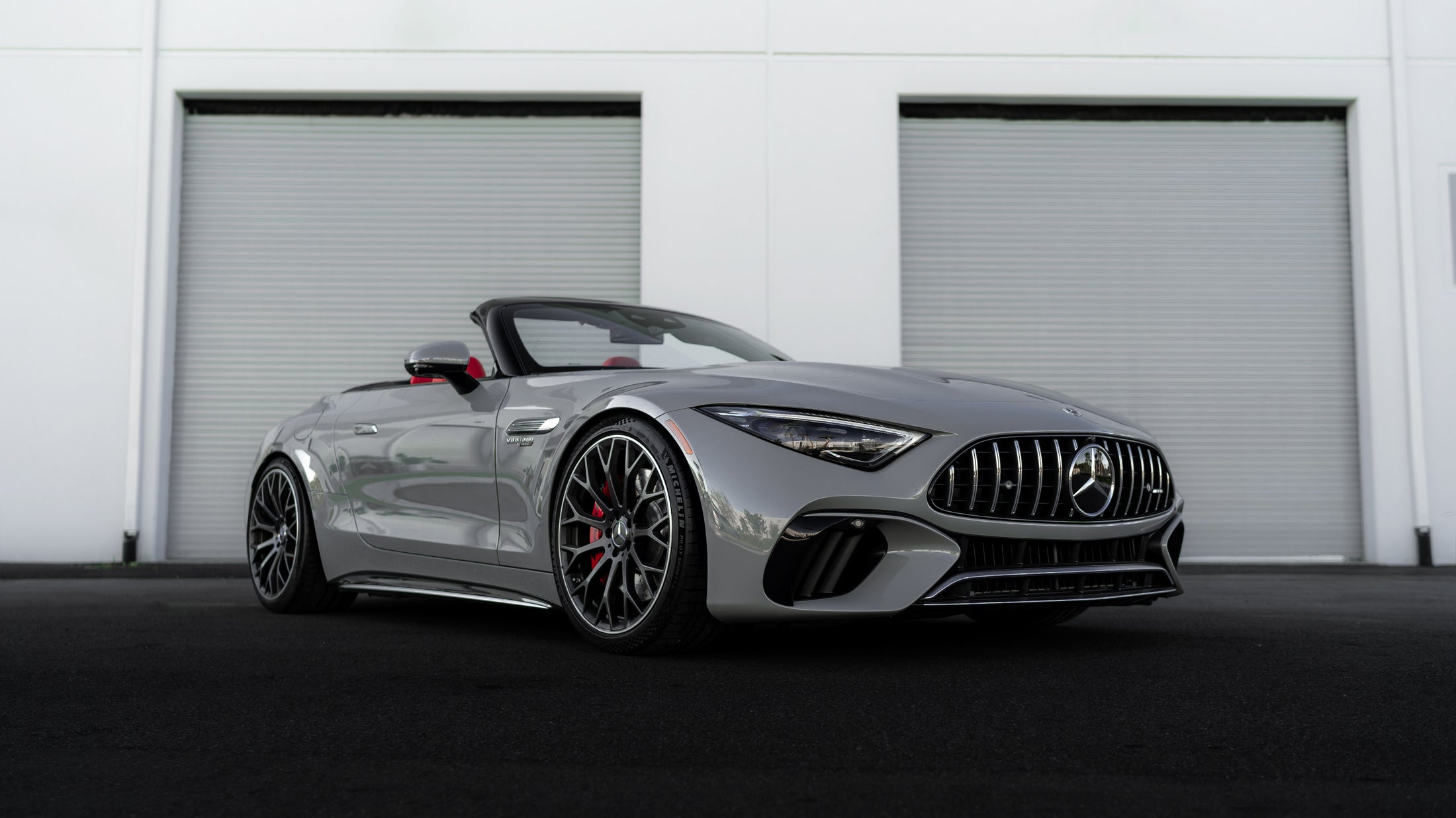 Silver AMG SL car front view on RennTech coil-overs - Coilover Suspension for the 2022-2026 SL 55 / SL 63 AMG