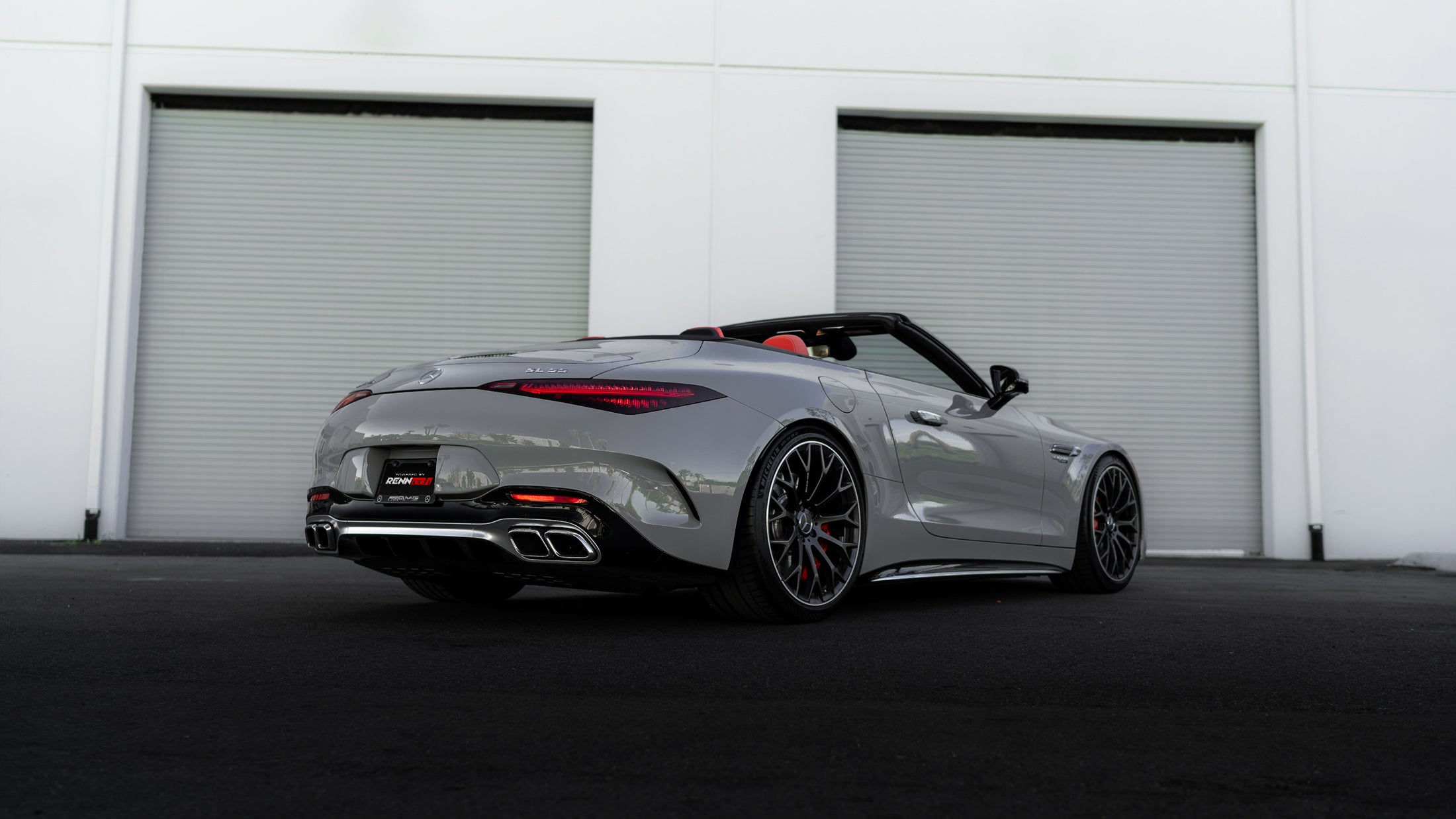 Silver AMG SL car rear quarter showing the lowered stance - Coilover Suspension for the 2022-2026 SL 55 / SL 63 AMG