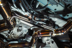 Valvetronic Designs Exhaust Range Rover Sport L494 manufacturer gallery: installed exhaust branches and suspension viewed from below